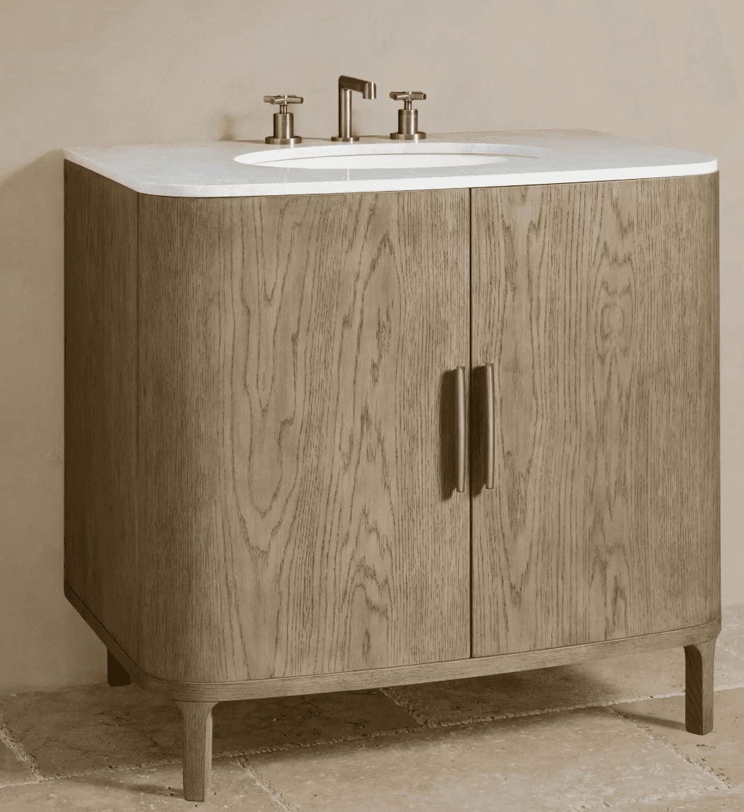 A contemporary bathroom vanity featuring a white countertop with an integrated sink, a wooden cabine… — 3D model