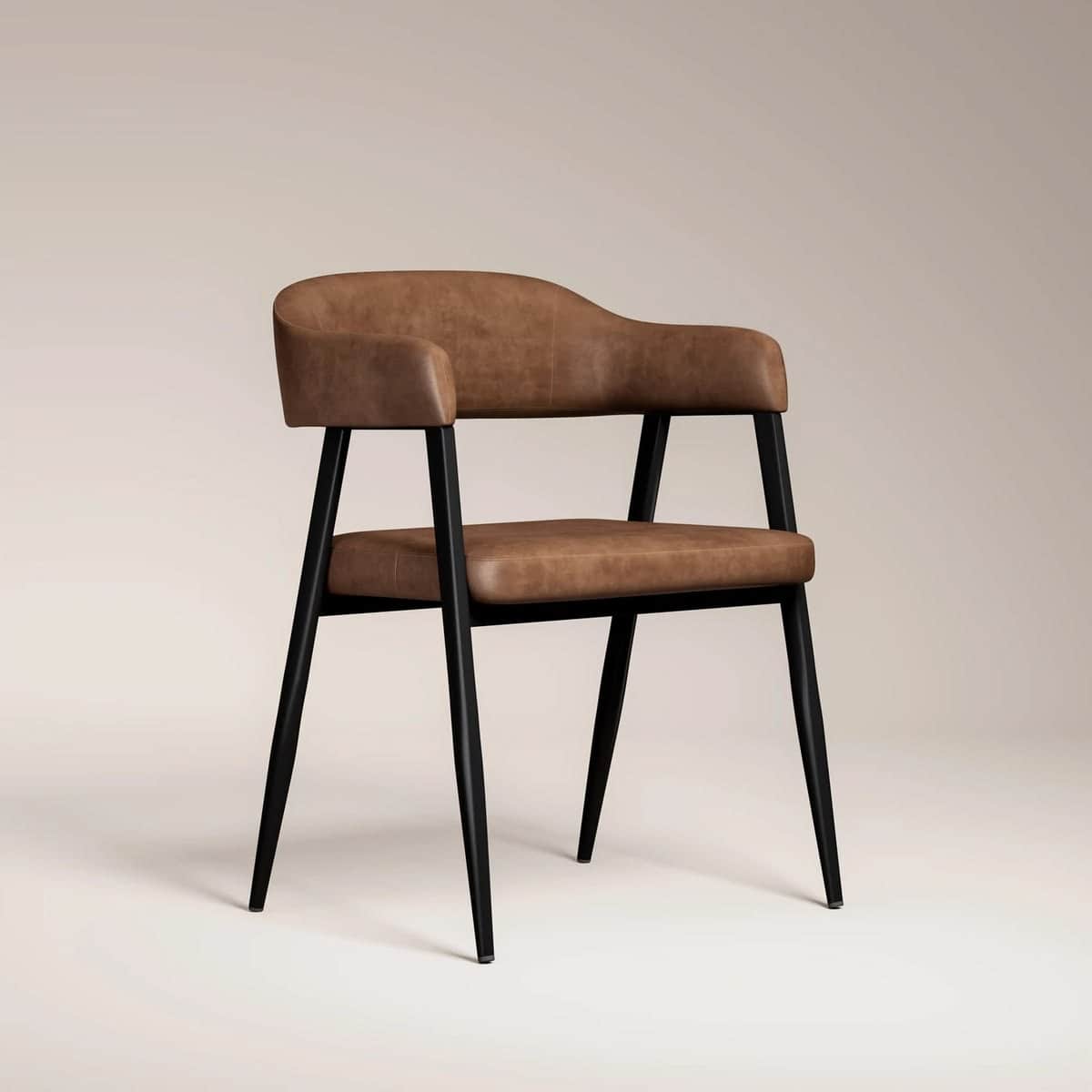 A contemporary dining armchair featuring a brown upholstered seat and back with integrated armrests,… — 3D model