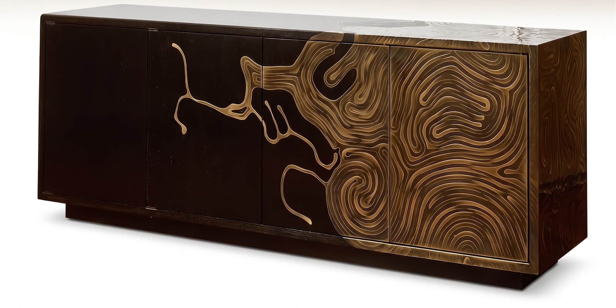 A sophisticated, long rectangular storage unit, characterized by its dark, sleek body and highly dec… — 3D model