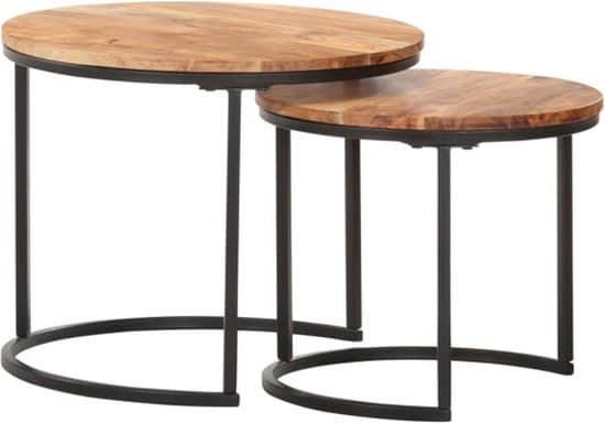 A set of two nesting side tables featuring round natural acacia wood tops and black powder-coated me… — 3D model