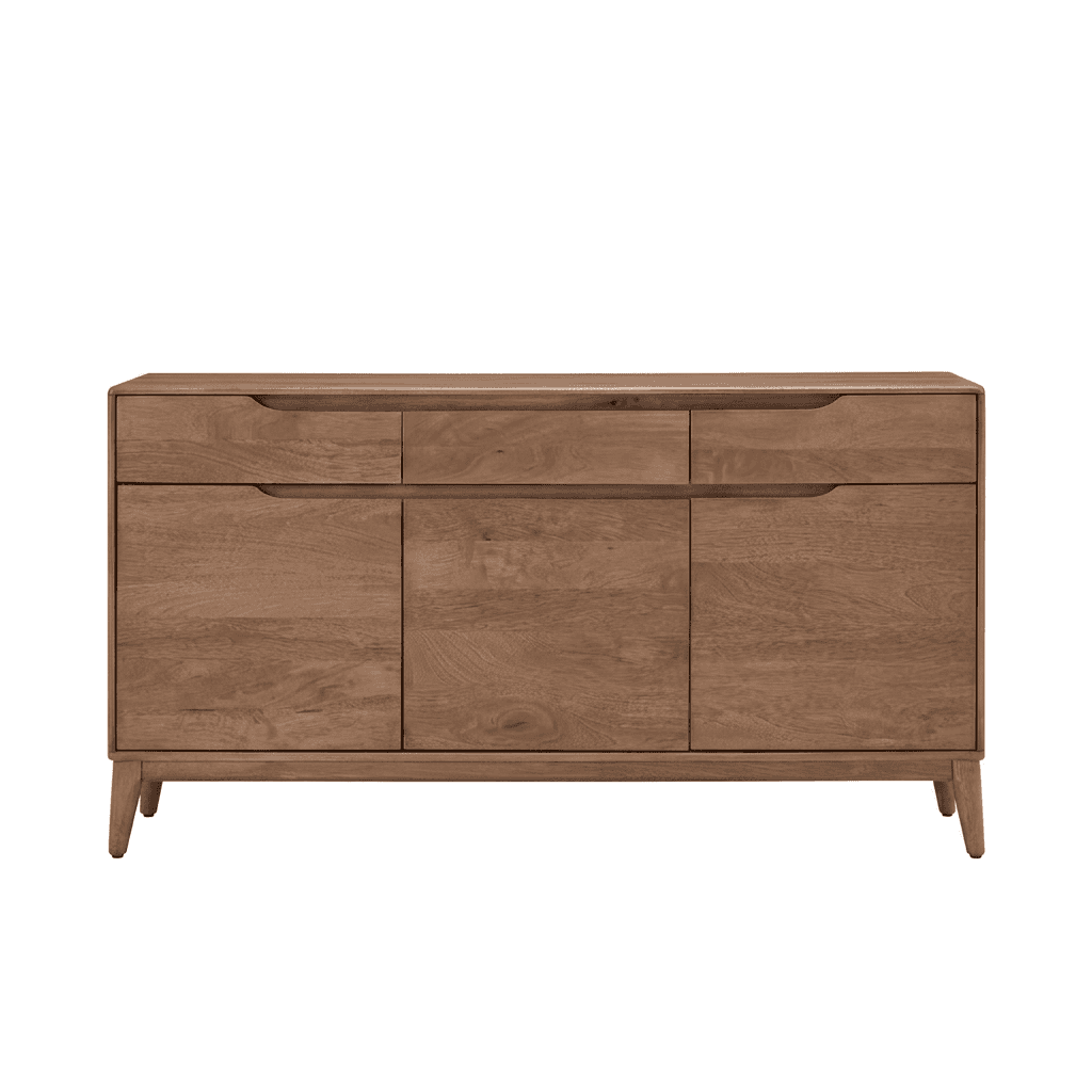A wooden sideboard with a rectangular top, featuring three drawers across the top row and three cabi… — 3D model