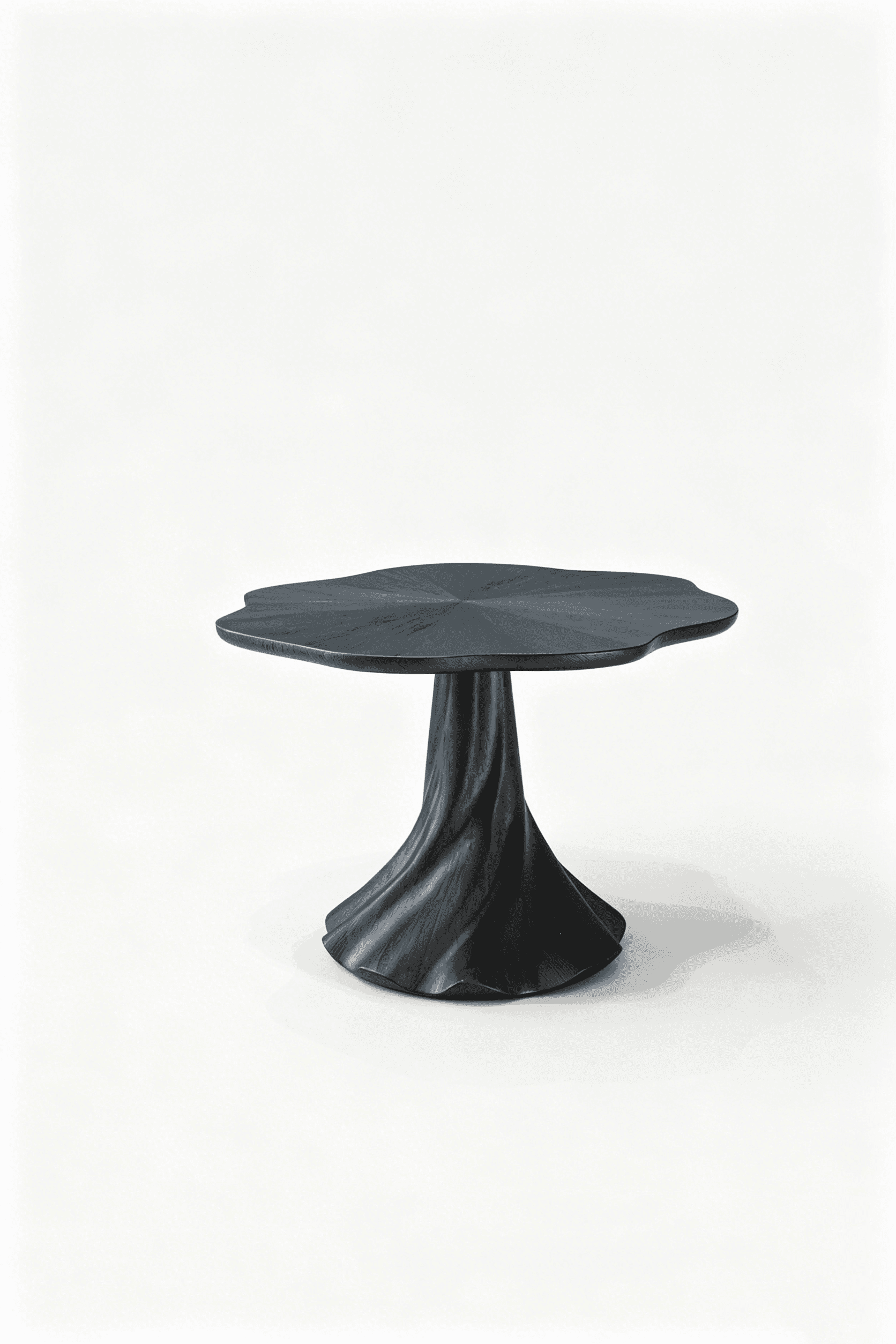 A dark, ebonized wood coffee table featuring an irregular, wavy-edged tabletop and a sculptural, twi… — 3D model