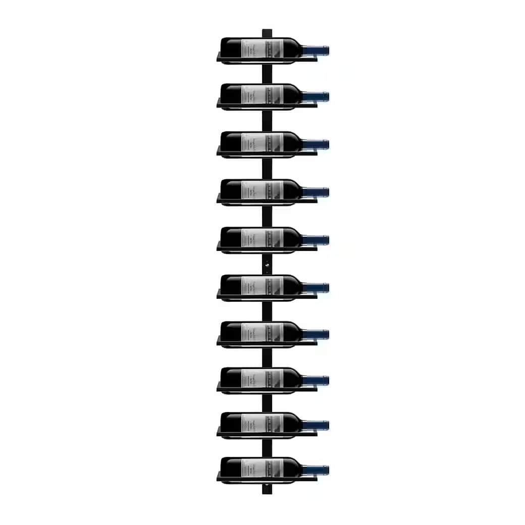 A minimalist wall-mounted wine rack, constructed from black metal, designed to store ten wine bottle… — free BLEND 3D model