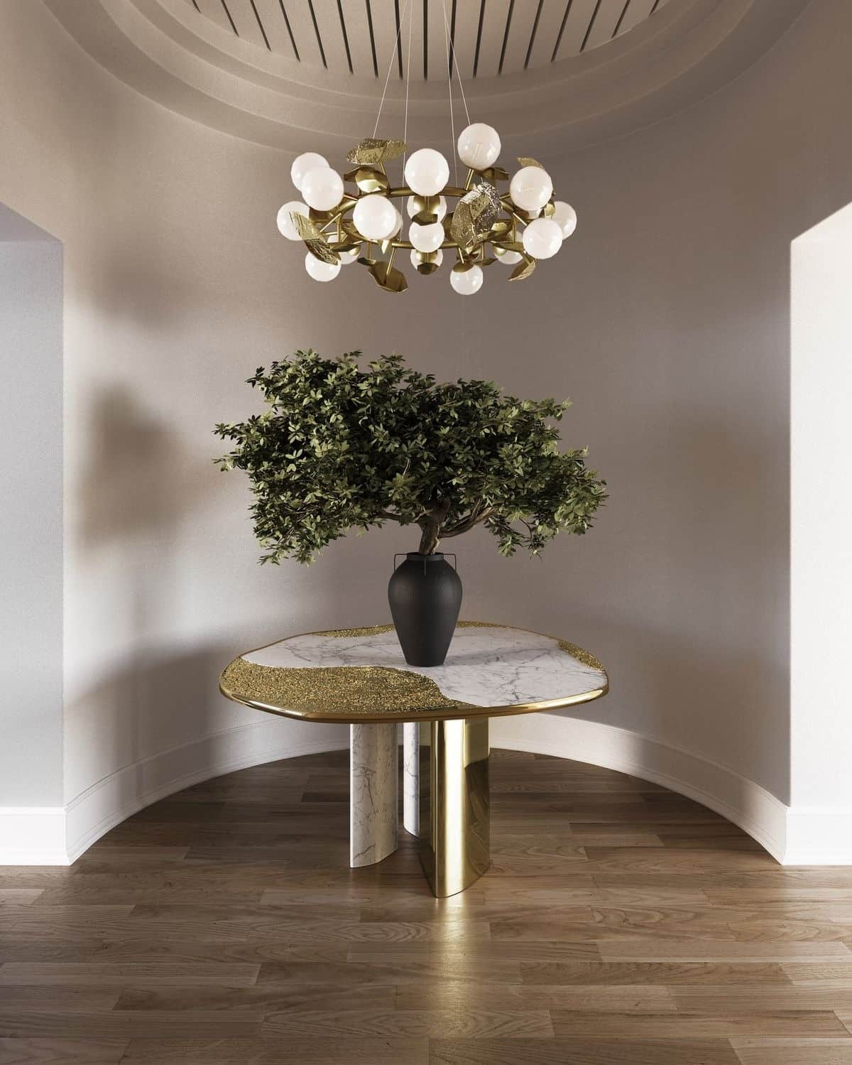 An organically shaped side table featuring a tabletop crafted from white marble with grey veining, d… — 3D model