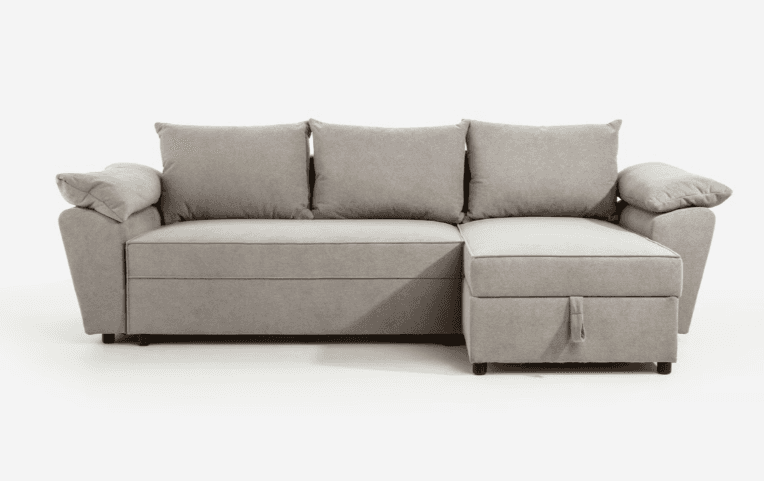 A modern gray fabric sectional sofa with a right-hand chaise lounge. It features three large back cu… — 3D model