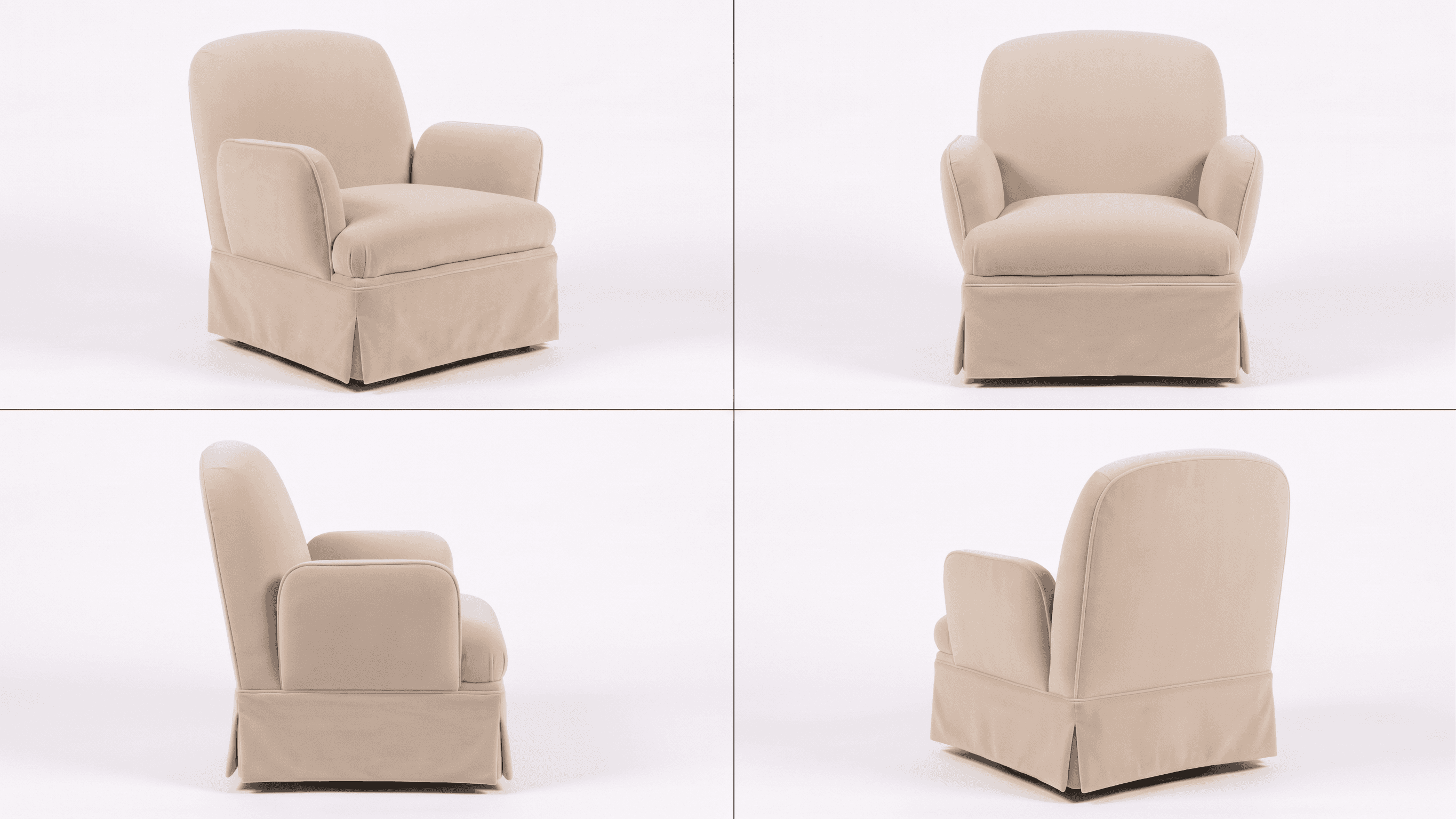 A light beige upholstered swivel armchair featuring a fully skirted base and rounded, plush forms. T… — 3D model