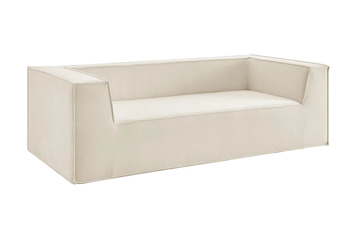 A cream-colored, minimalist sofa with a low profile and straight lines. It features a seamless uphol… — free OBJ 3D model