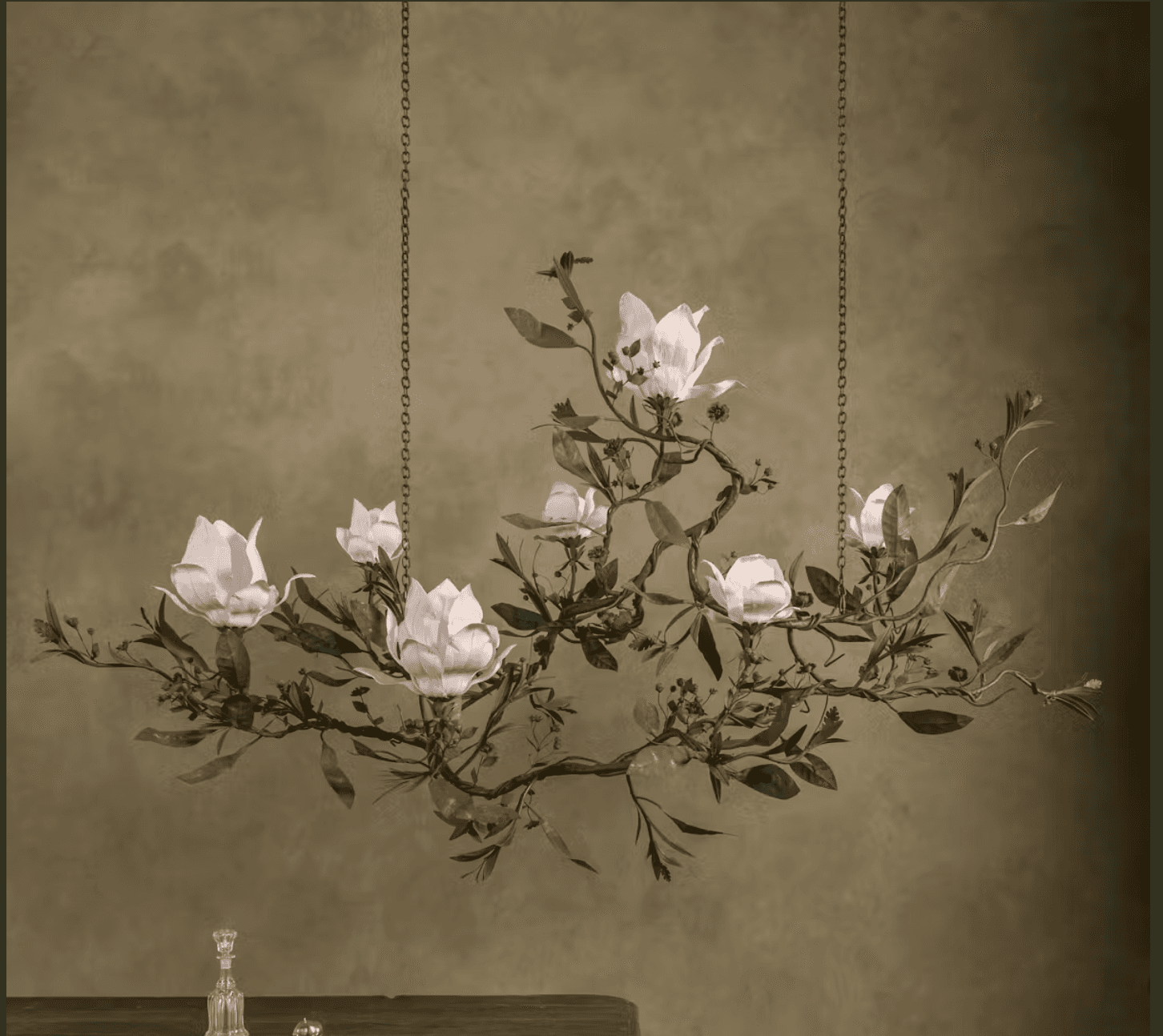 A horizontal, botanical-themed chandelier featuring sculpted metal branches, leaves, and large white… — 3D model