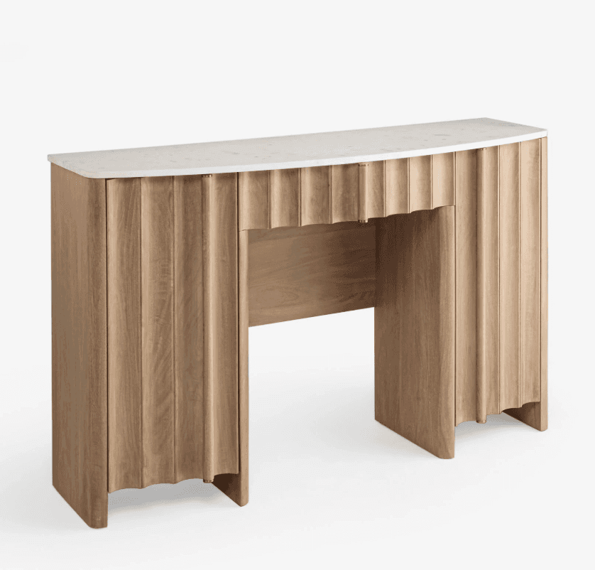 A modern console table featuring a white marble top and a light-toned wooden base with vertical flut… — 3D model