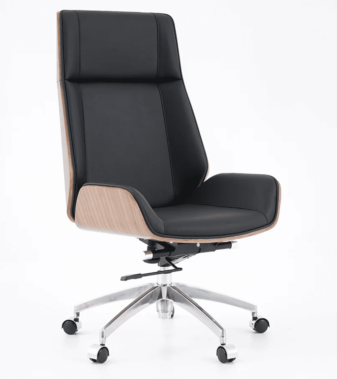 A high-back executive office chair featuring a distinctive curved plywood shell with a wood veneer f… — 3D model