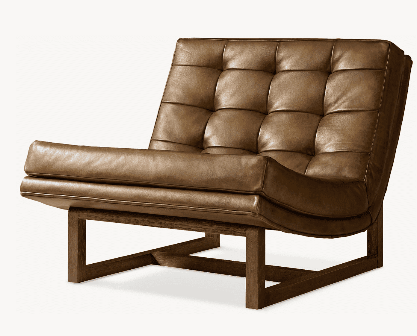 A low-slung lounge chair featuring tufted brown leather upholstery and a sturdy, dark-stained wooden… — 3D model