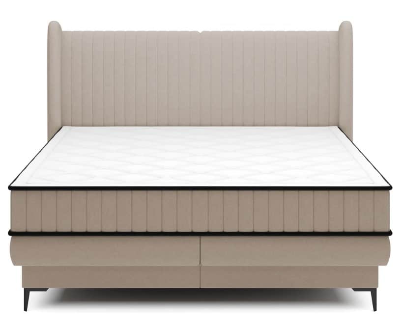 A contemporary upholstered bed featuring a distinctive wingback headboard and an integrated box spri… — 3D model