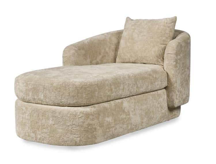 A contemporary chaise lounge upholstered in a light beige, textured fabric, featuring a single armre… — 3D model