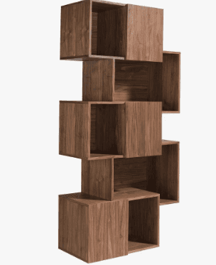 A tall, freestanding, modern bookshelf composed of multiple interconnected wooden box-like compartme… — 3D model