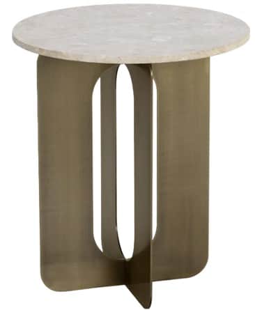 A round-top side table featuring a light-colored natural stone top and a unique sculptural metal bas… — 3D model