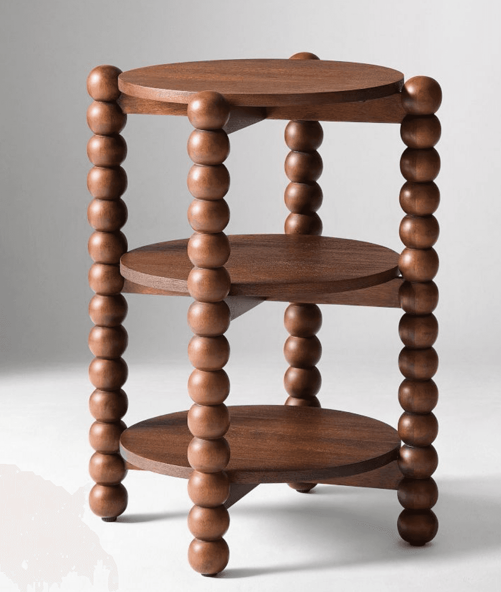 A three-tiered side table with round shelves supported by vertical posts. Each post is constructed f… — 3D model