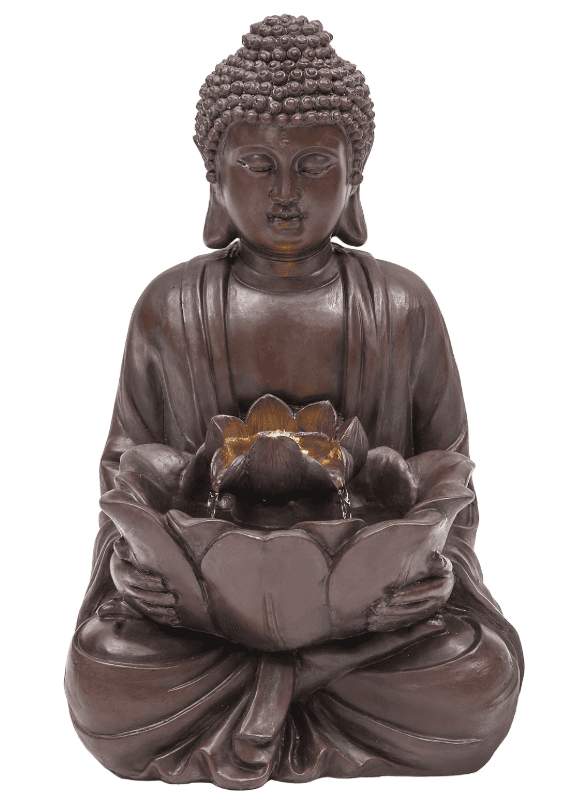 A bronze-finished resin statue depicting a seated Buddha in a meditative pose, holding a large lotus… — 3D model