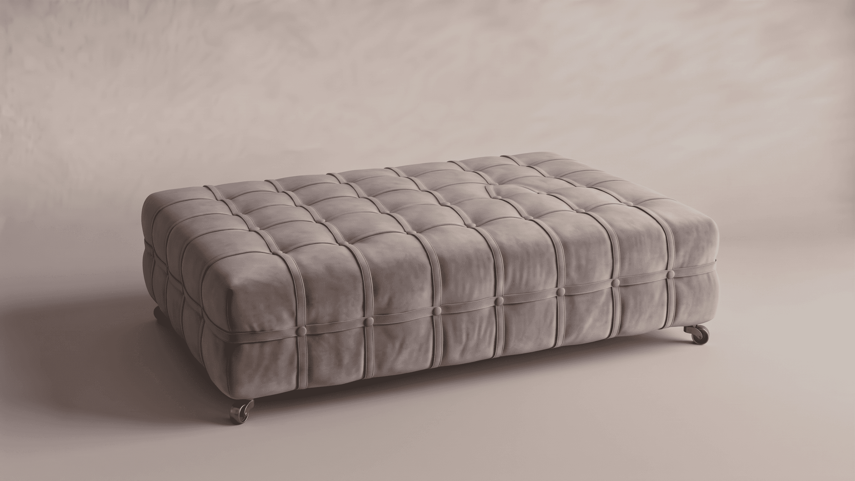 A large, rectangular upholstered ottoman featuring deep tufting and decorative fabric straps on its… — 3D model