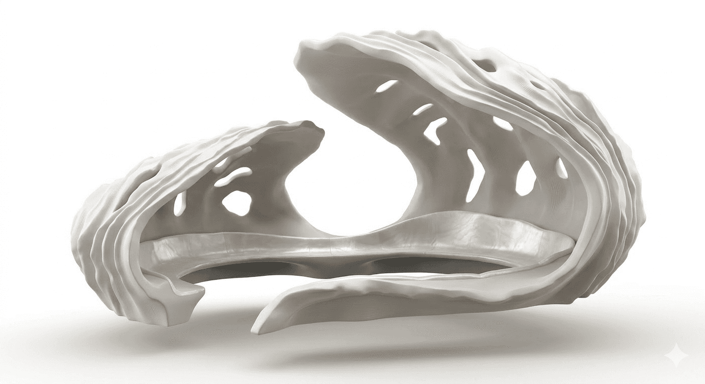 A contemporary bench with a fluid, organic design. The structure appears to be molded or sculpted, f… — 3D model