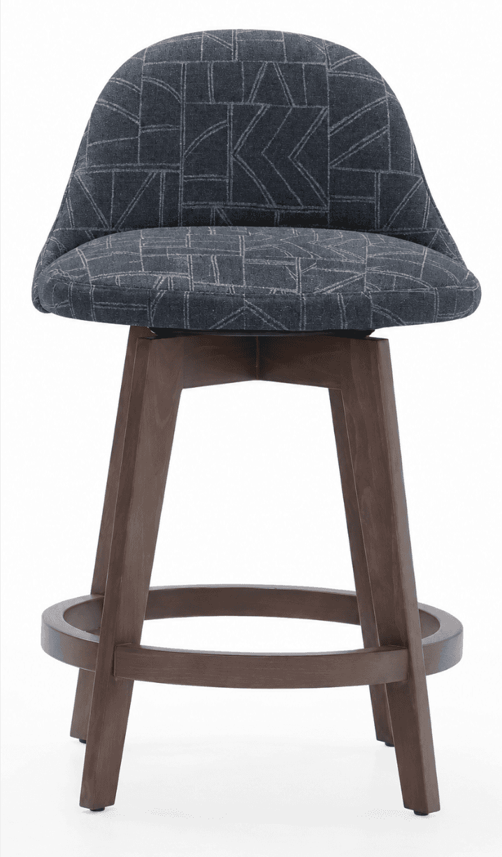 A bar stool with a upholstered seat and back, featuring a curved backrest and a solid wood base. The… — 3D model