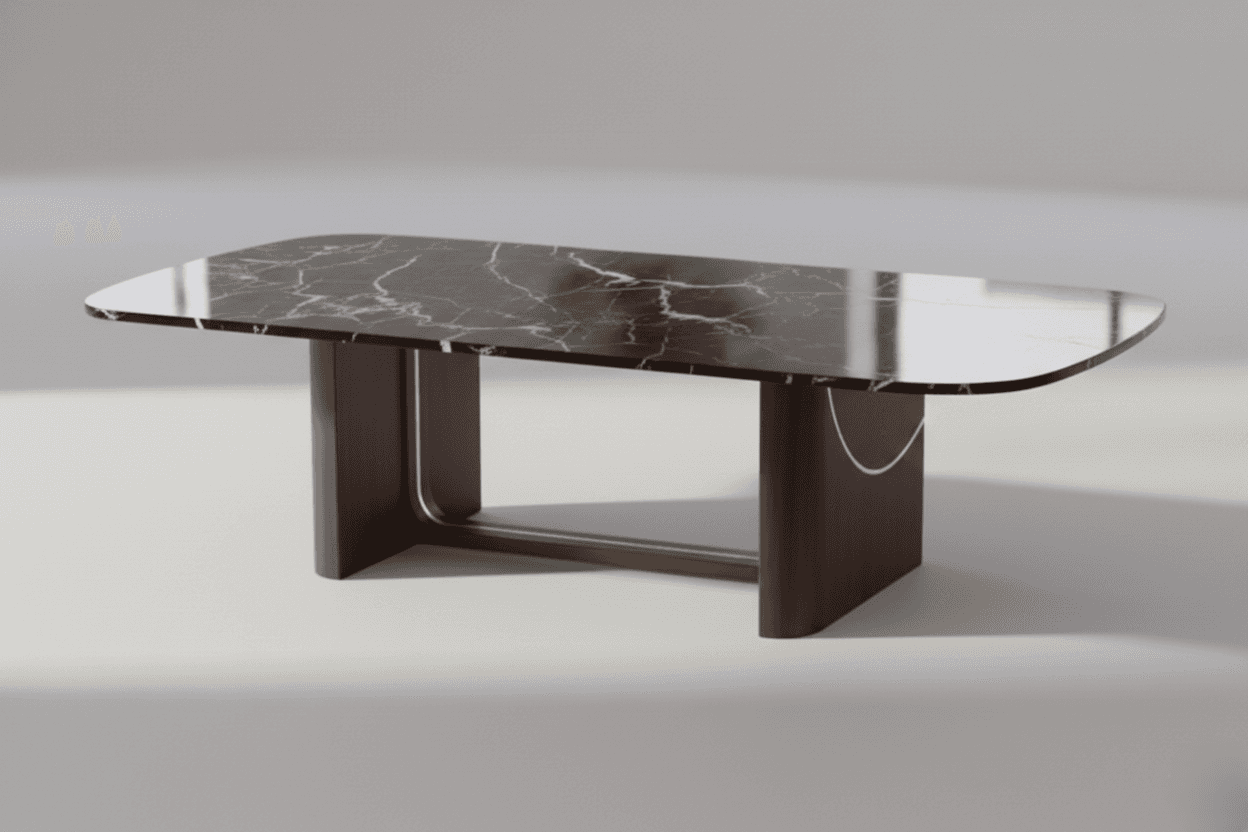 A modern dining table featuring a rounded rectangular black marble top with white veining, supported… — 3D model