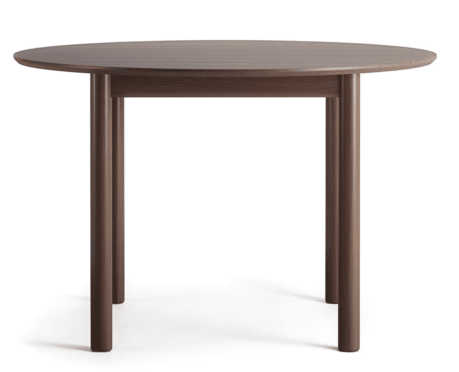 A minimalist round dining table featuring a dark brown wood finish. The table has a circular top and… — 3D model