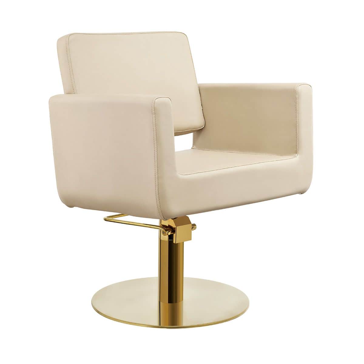 A cream-colored upholstered styling chair featuring a hydraulic lift mechanism and a polished gold-t… — 3D model
