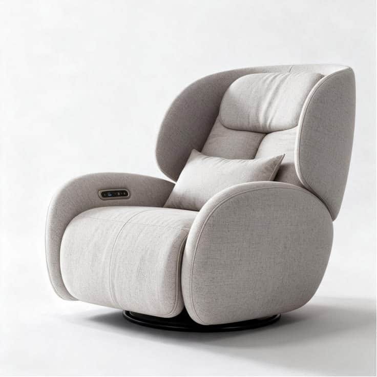 A contemporary, light gray upholstered recliner chair with a swivel base and integrated control pane… — 3D model