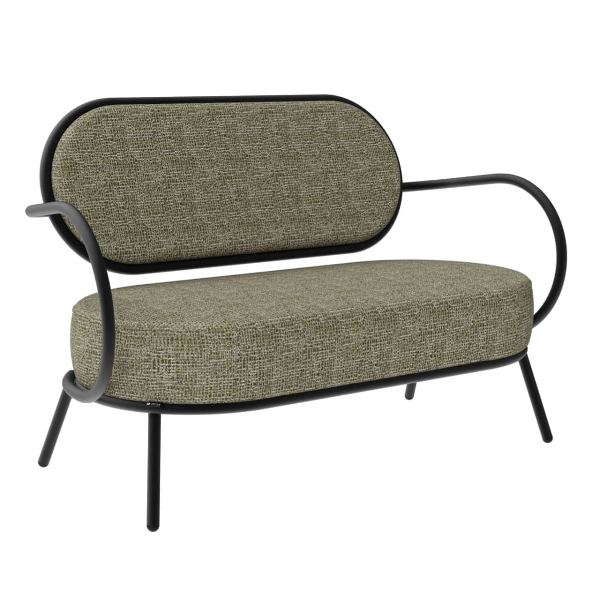 A modern sofa with a rounded backrest and seat, featuring a black metal frame and upholstered in a t… — 3D model