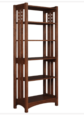 A tall, five-tier open wooden bookshelf in the Arts and Crafts/Mission style. It features sturdy ver… — 3D model