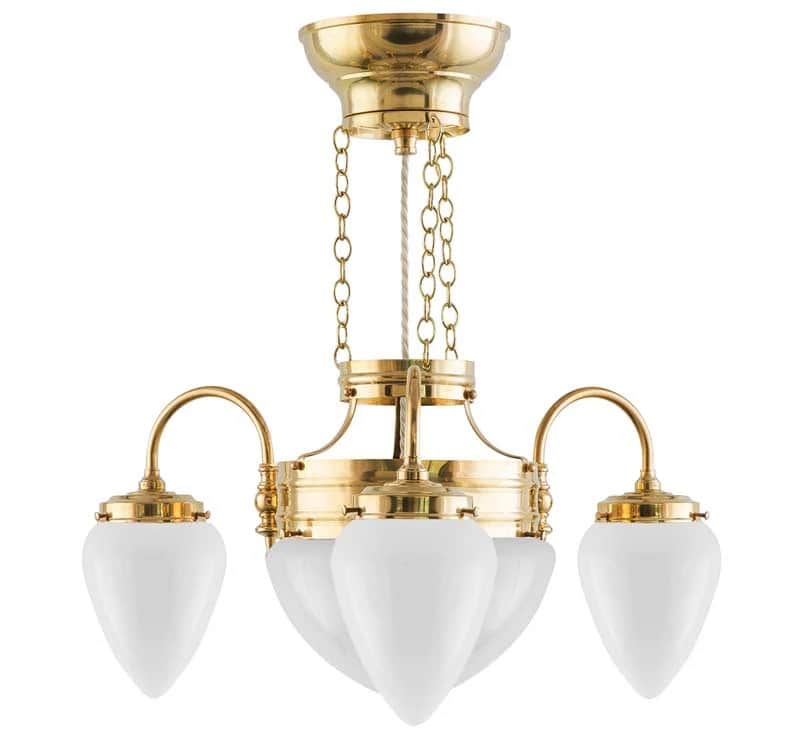 A brass chandelier with four hanging frosted glass shades. The chandelier is suspended by chains fro… — 3D model