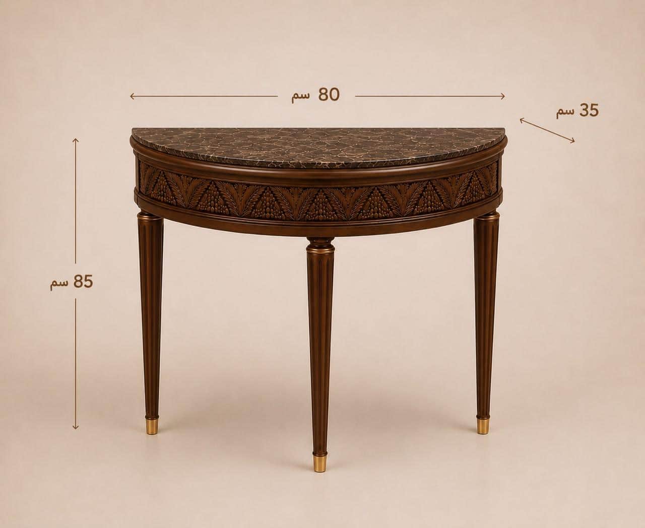 A sophisticated demilune console table featuring a dark brown marble top with intricate veining, sup… — 3D model