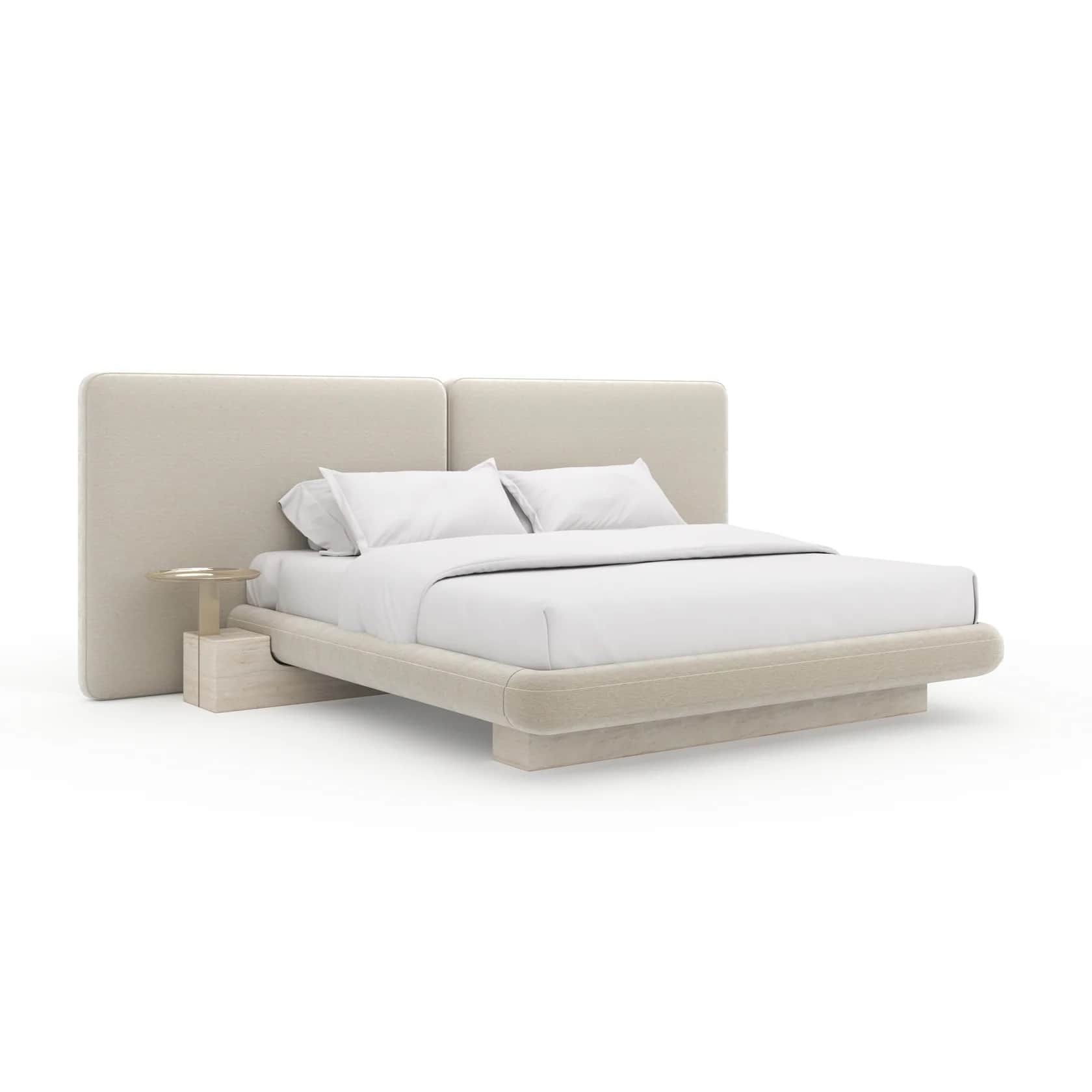 A modern platform bed with a low profile and rounded edges. The bed frame appears to be upholstered… — free BLEND 3D model