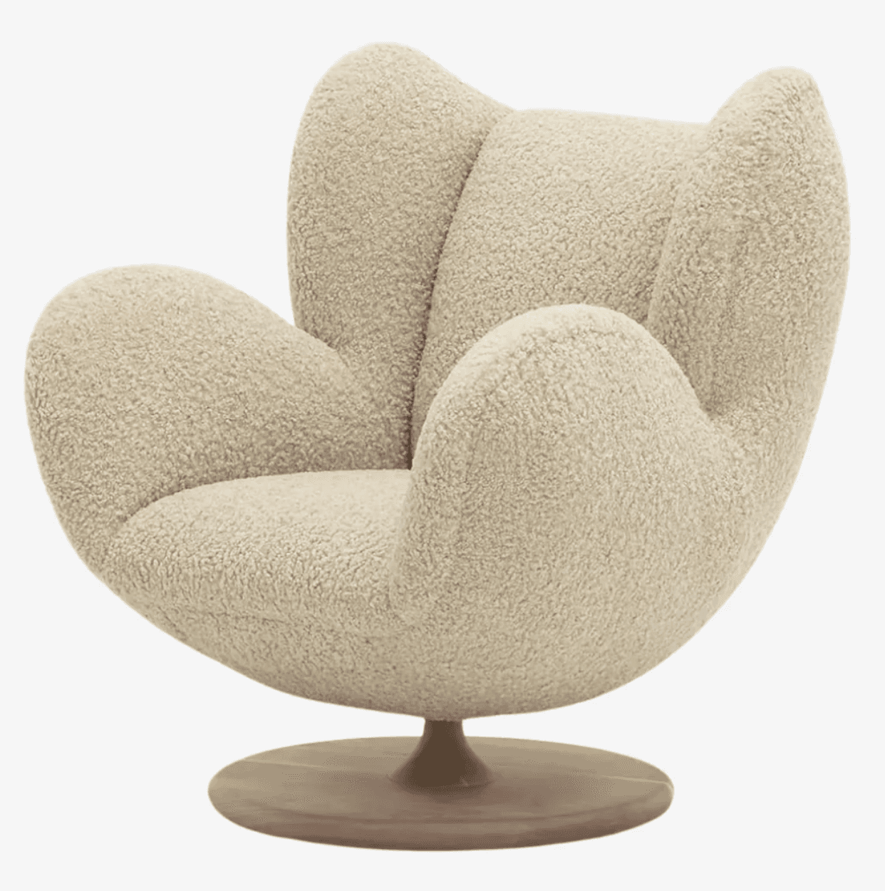 A cream-colored sculptural lounge chair upholstered in bouclé fabric, featuring a deep seat, envelop… — 3D model