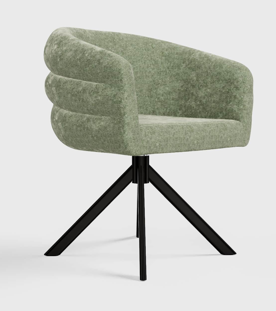 A modern accent chair with a rounded back and seat upholstered in a textured, light green fabric. Th… — free OBJ 3D model