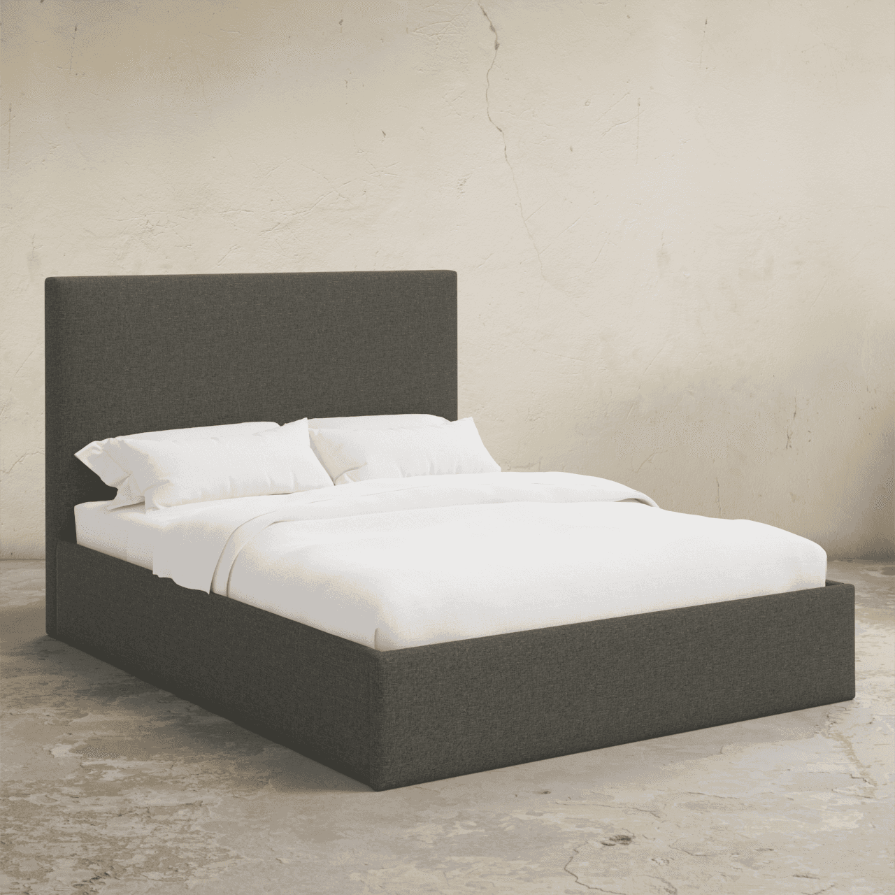 A modern platform bed with a upholstered headboard and frame, featuring clean lines and a low profil… — 3D model