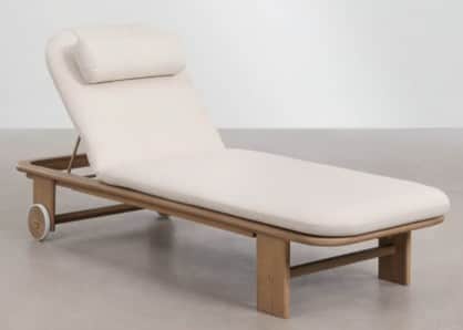 A modern chaise lounge featuring a light-toned wooden frame, an adjustable backrest, and wheels for… — 3D model