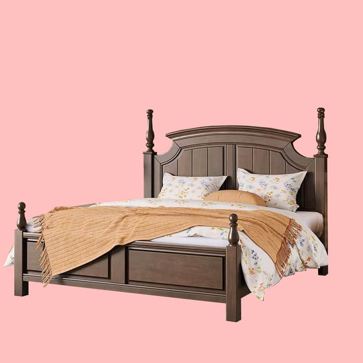 A wooden four-poster bed with a headboard featuring vertical paneling and a curved top. The bed fram… — free STL 3D model