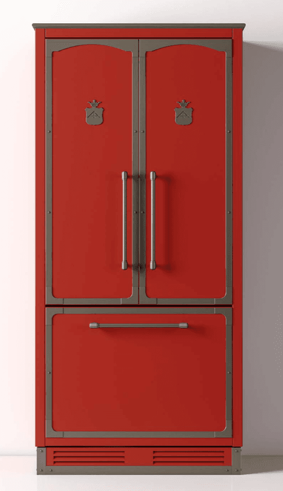 A red refrigerator with a silver trim. The top section has two doors with ornate crests on each door… — free OBJ 3D model