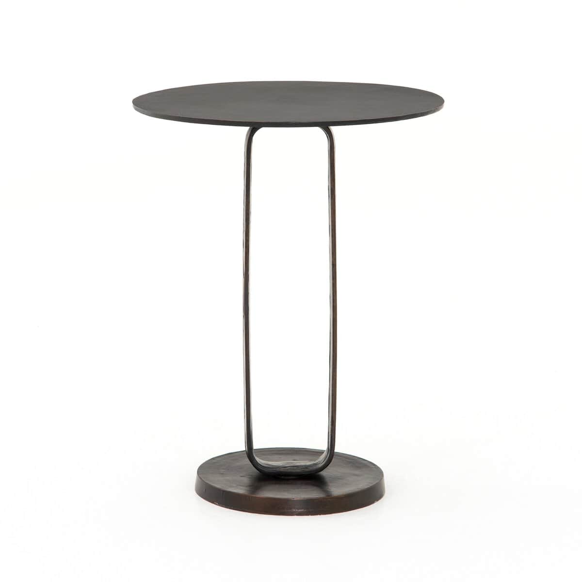 A modern accent table with a circular top and a slender, U-shaped base. The table features a dark, m… — 3D model