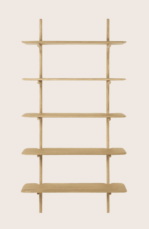 A minimalist, wall-mounted shelving unit featuring five graduated shelves made from light-toned natu… — 3D model