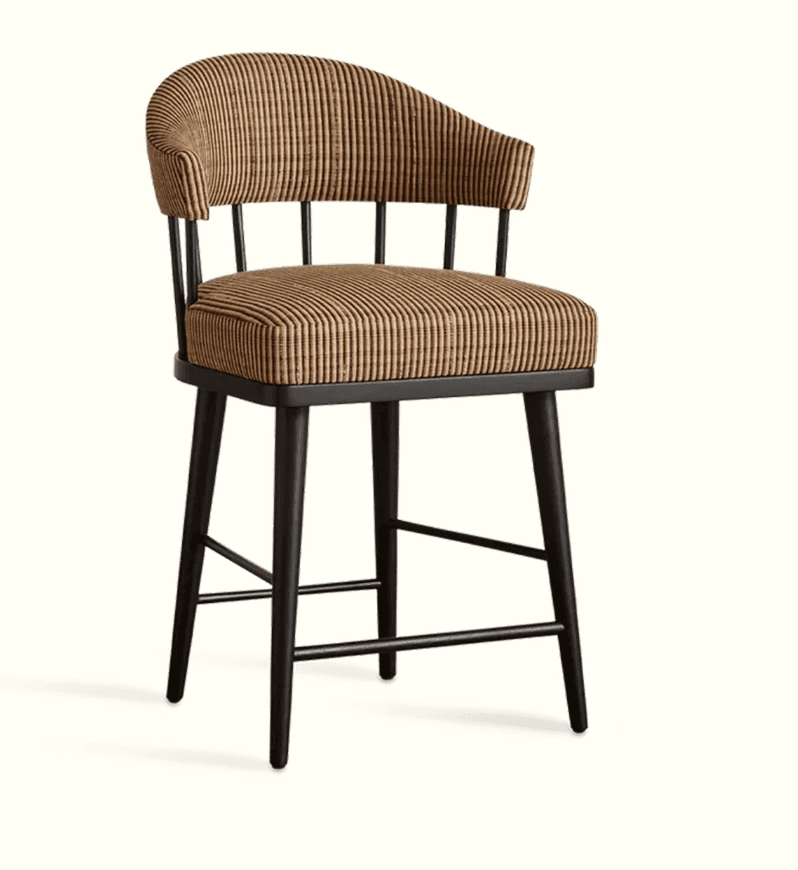 A bar stool with a rounded backrest and armrests, featuring upholstered seat and back. The frame and… — 3D model