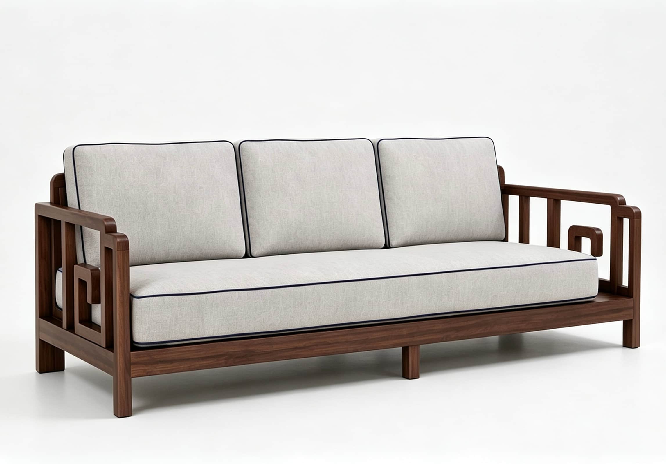 A three-seater sofa featuring a dark wooden frame with distinctive open geometric designs on the arm… — 3D model