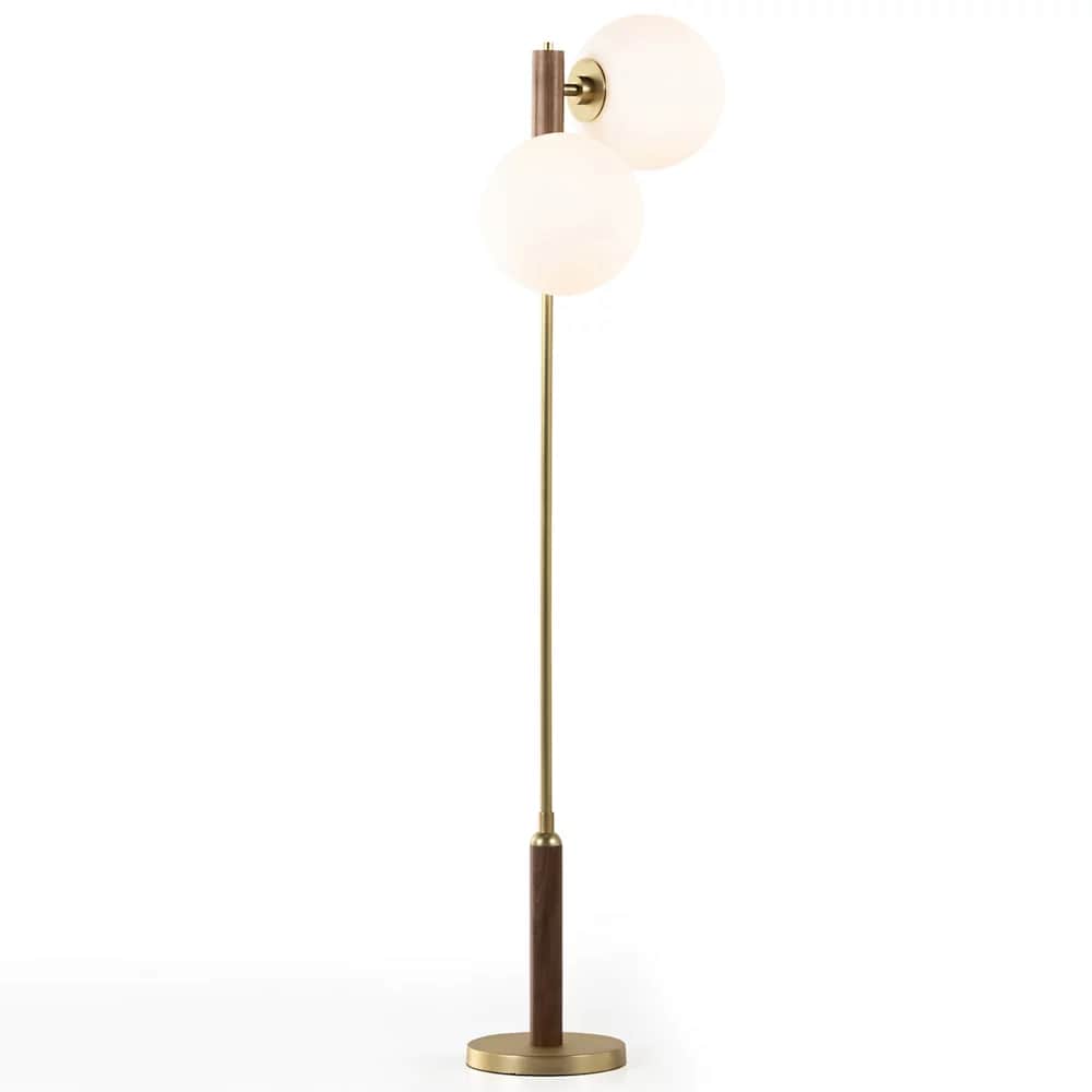 A modern floor lamp featuring a slender brass-finished metal pole, accented with dark walnut wood de… — 3D model