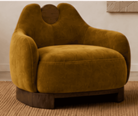 A modern, plush lounge chair with a distinctive sculptural form, upholstered in olive green velvet,… — 3D model