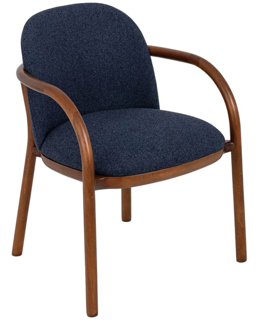 An upholstered armchair featuring a solid wood frame with curved armrests and straight, tapered legs… — 3D model