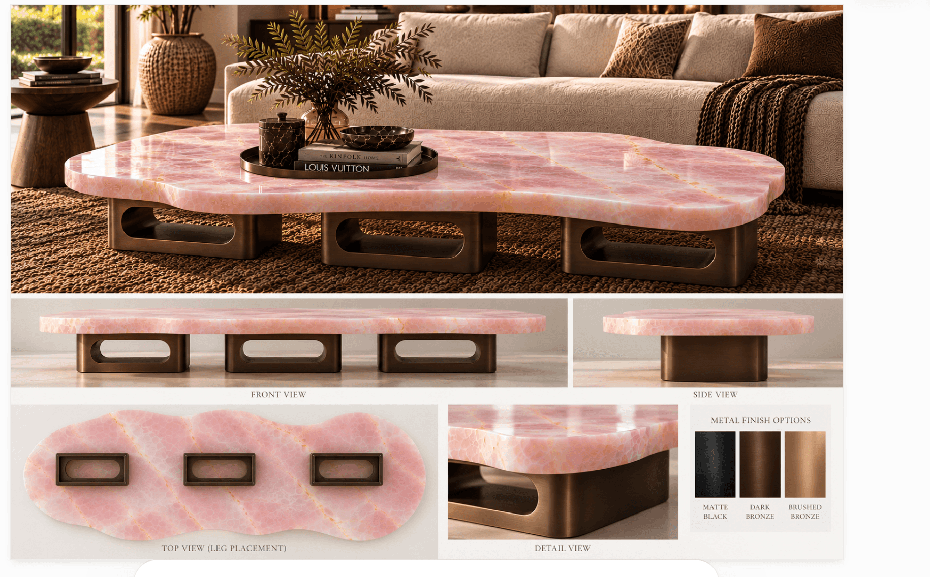 A low-profile coffee table featuring an organically shaped, polished pink onyx or marble top resting… — 3D model
