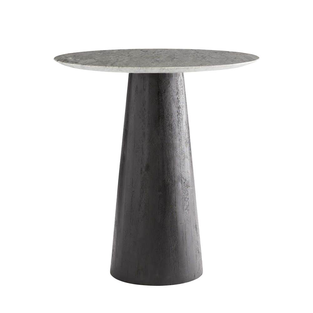 A round-top side table with a single, conical, dark-stained wooden pedestal base. The tabletop appea… — 3D model