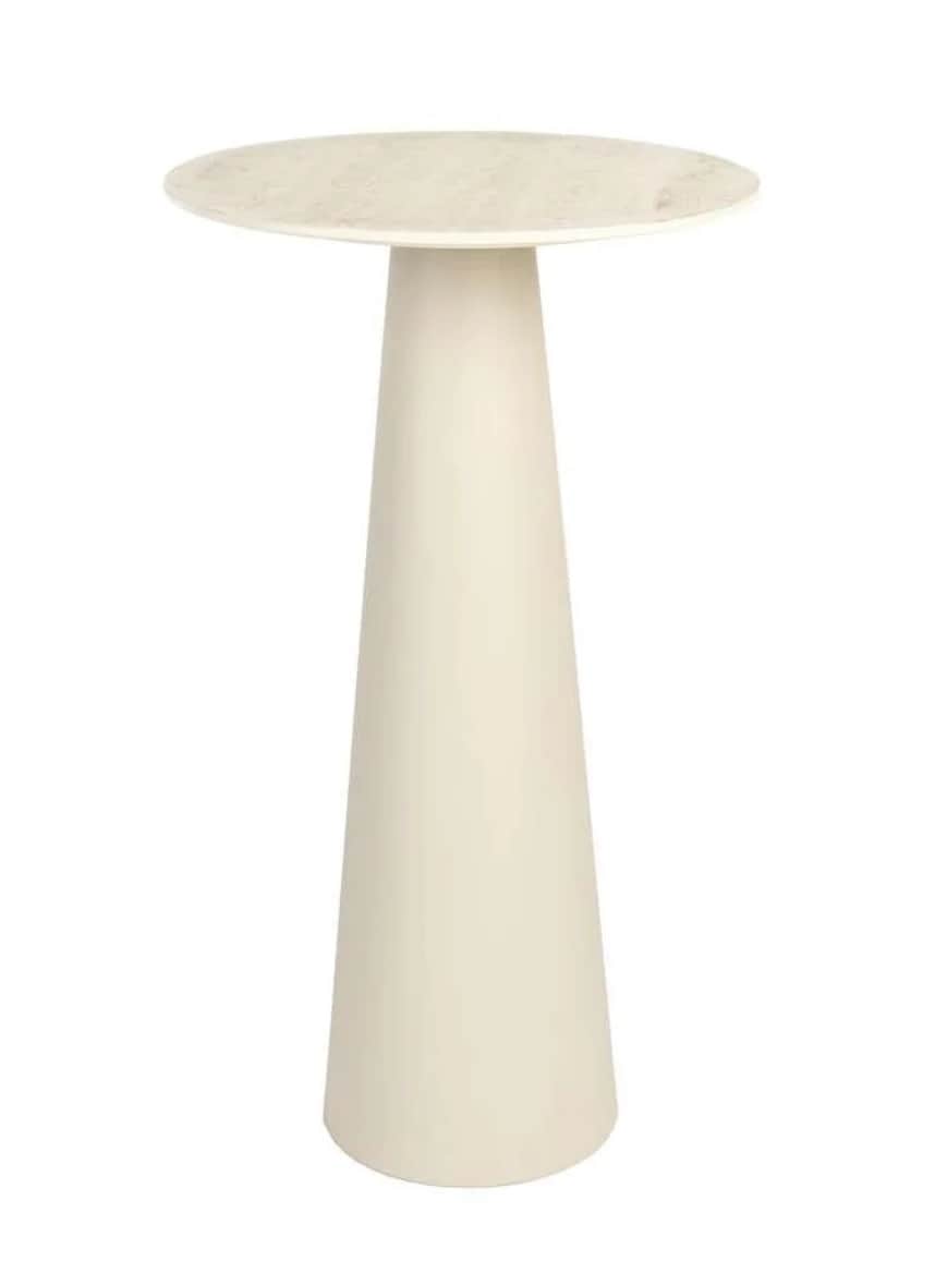 A contemporary pedestal accent table featuring a round, light-colored marble top and a tapered, soli… — 3D model