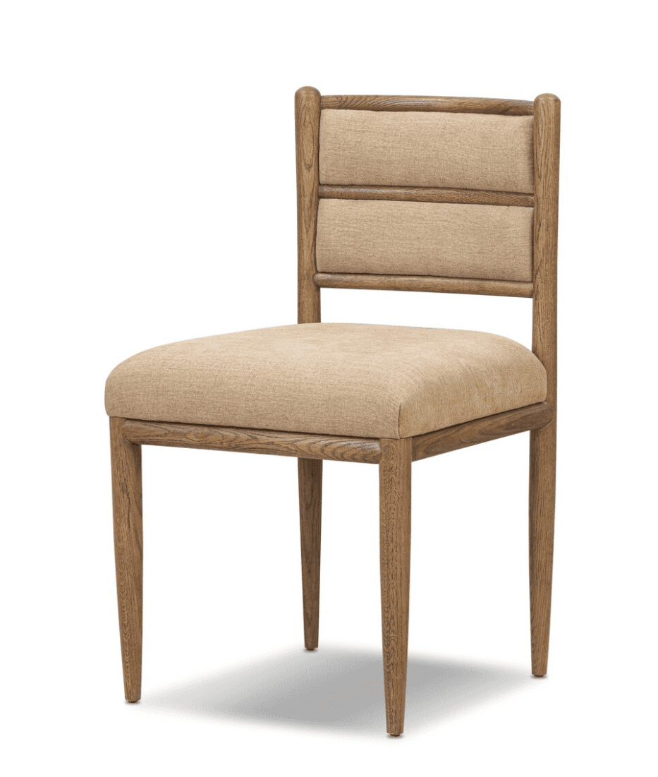 A wooden chair with a cushioned seat and backrest. The chair has a minimalist design with clean line… — free GLTF 3D model